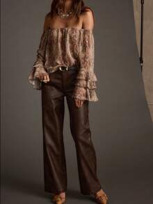 Women's Off Shoulder Fashion Blouse, Stylish Ice Cream Cone Sleeve Design, Lovely Ladies Shirt, Off-Shoulder Top For Party Outfit, Bohemian Style - Khaki - View 2