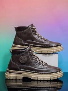 New Coffee Men's Boots, Retro Men's Shoes, High-Top Lace-Up Shoes, British Style Men's Shoes Work Boots - Coffee Brown - View 2