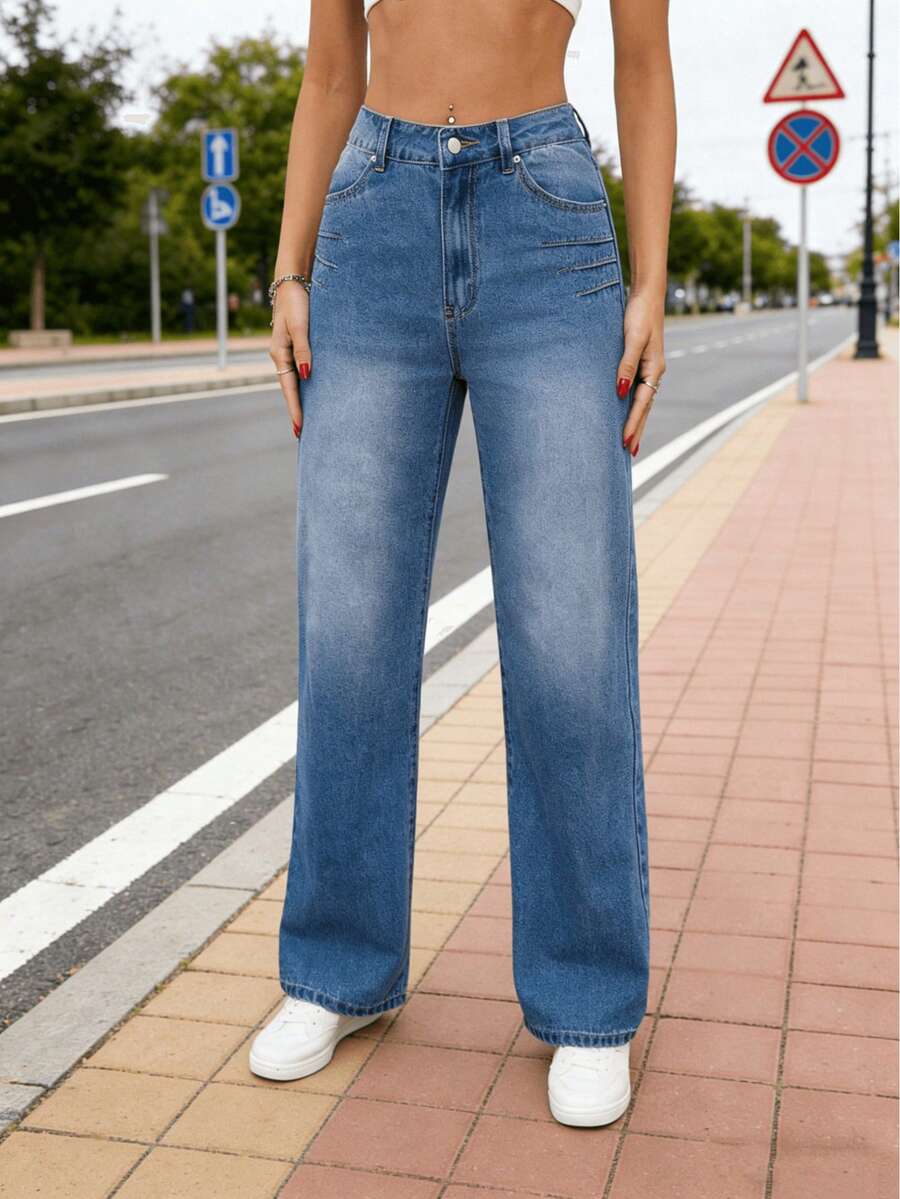 Women's Non-Stretch Straight Leg Jeans - Pure Color Mid Rise Classic Wash Denim Pants With Functional Pockets, Button & Zipper Closure For Casual Vintage Style - Medium Wash - View 1