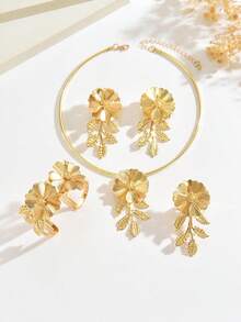 1 Set de 5 piezas Conjunto de joyería de metal con estampado floral bohemio de moda, adecuado para uso diario, playa, fiesta, banquete y festivales de música de mujeres - Dorado - Ver 2