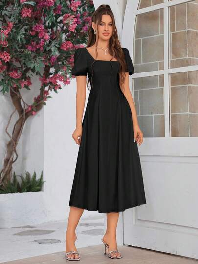 PARTHEA Women's Elegant Black Square Neck Midi Dress Short Puff Sleeve Shirred Ruched Bust Zipper Detail A Line Flared Hem Party Casual