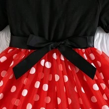 Girls' Black & Red Contrast Bow Tie Waist Short Sleeve Polka Dot Mesh Overlay Dress, Cute Daily Wear - Red - View 5