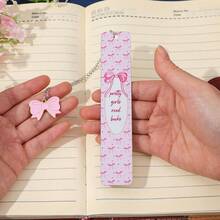 可爱少女风不锈钢金属书签，饰有粉色蝴蝶结和卡通女孩图案，并印有爱书人士语录和装饰链吊坠，是送给女性读者、学生和书虫的理想礼物。