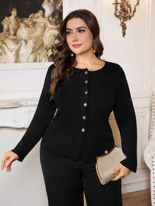 Plus Size Women's Fitted Round Neck Metal Button Cardigan, Black - Black - View 6
