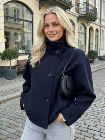 GMFP Women's Casual Stand Collar Button Short Loose Oversize Navy Blue Wool Coat, Suitable For New Year/Christmas