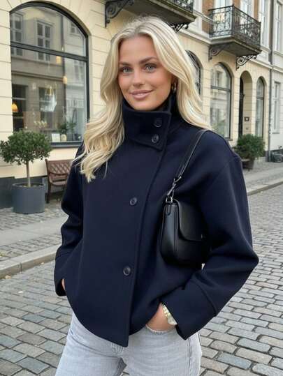 Abrigo corto suelto de mujer de unicolor, elegante y casual, con cuello alto y botones, de lana azul marino, adecuado para Año Nuevo/Día de San Valentín