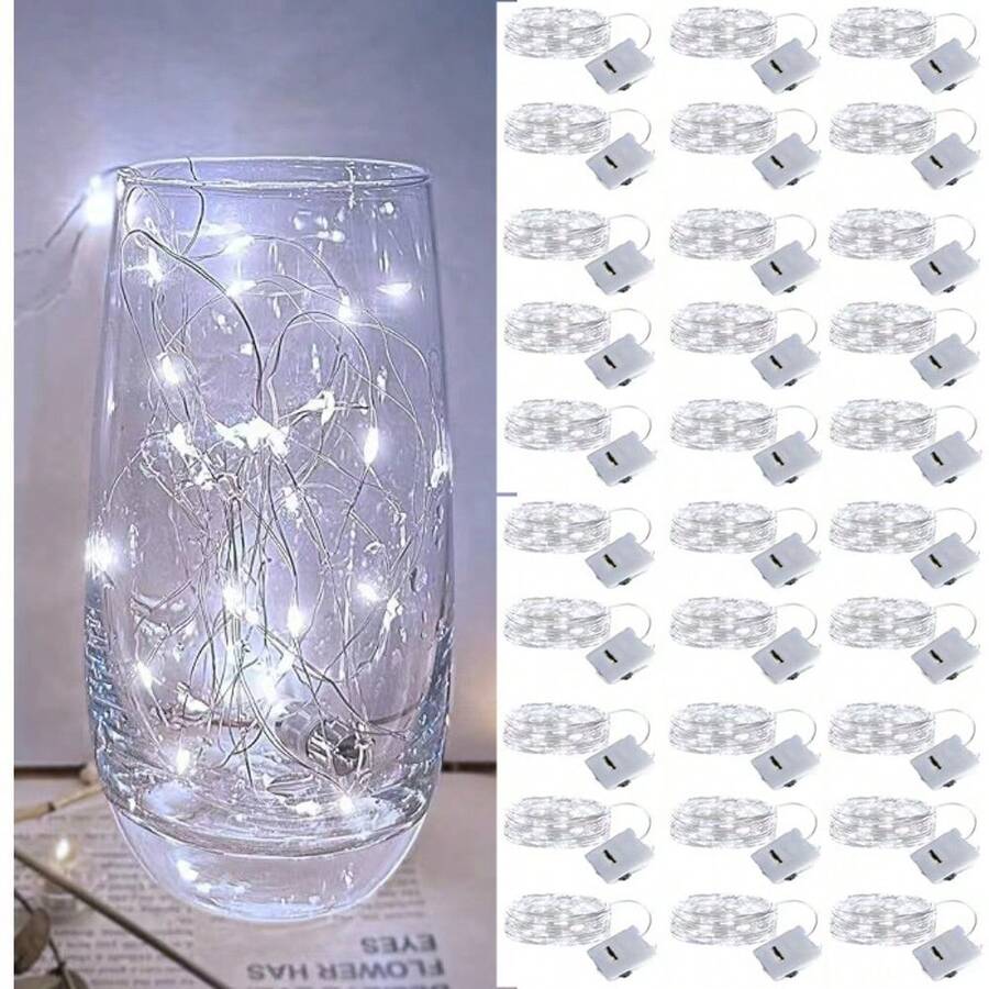 30pcs & 3 Modes] 7ft 20 LED Battery Operated Fairy String Lights, Waterproof Silver Wire, For Indoor Mason Jar DIY Wedding Christmas Decor (White)