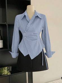 女士休闲、办公、约会、居家百褶领交叉腰带长袖衬衫，秋冬款 - 藍色 - 查看 1