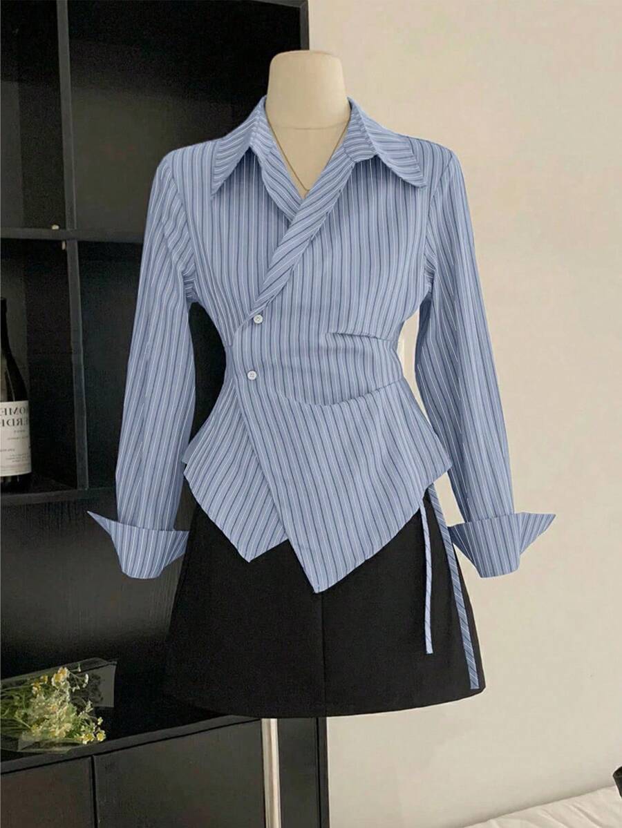 女士休闲、办公、约会、居家百褶领交叉腰带长袖衬衫，秋冬款 - 藍色 - 查看 1