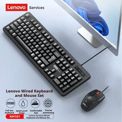  Lenovo KM101 Keyboard And Mouse Combo: Wired Mouse, Ergonomic Flat Keycaps, Silkscreened Characters That Won't Wear Off Over Time, USB Plug And Play, Suitable For Students, Offices, And Home Use.