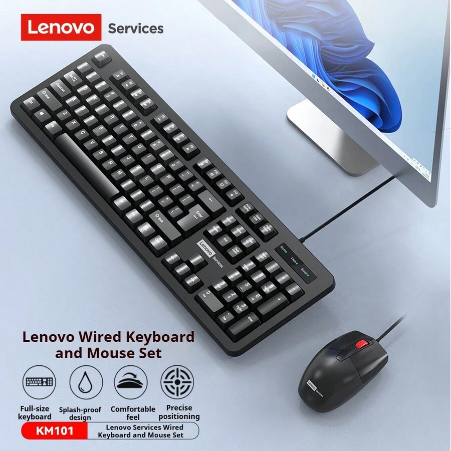 Lenovo KM101 Keyboard And Mouse Combo: Wired Mouse, Ergonomic Flat Keycaps, Silkscreened Characters That Won't Wear Off Over Time, USB Plug And Play, Suitable For Students, Offices, And Home Use. - Black - View 1
