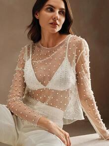 Women See Sheer Sparkle Pearl Rhinestone Studded Top Round Neck Long Sleeves See Through Mesh Blouse For Wedding Guests - trắng - Xem 6