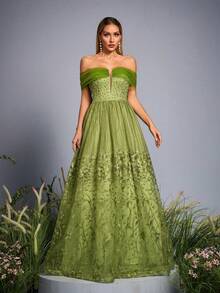 Anpoket,New Arrival,St Patrick Day,Off Shoulder,Heavy Stitching,Pearls Beaded,Romantic Embroidery,Bridesmaid Dress,Gown Dress,Long Dress - Green - View 5