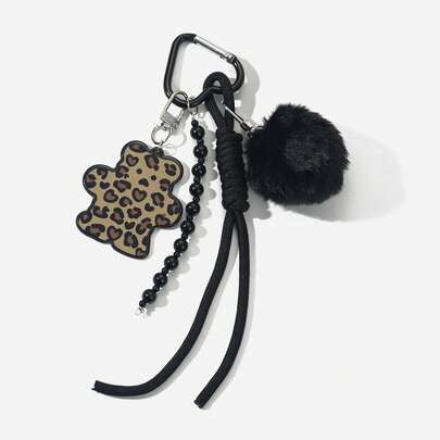 1pc Leopard Print Bear Keychain Pendant Decorated With Beads & Braided Cord Cute & Accessory For Bags Keys Phones Key Lanyard
