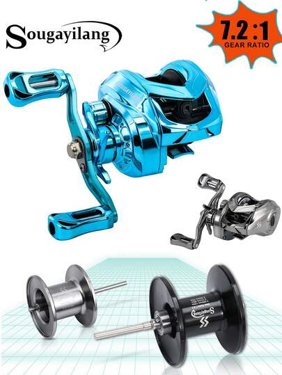 SOUGAYILANG 1PC Baitcasting Reel High-Speed 7.2:1 Gear Ratio Aluminum Spool Metal Main Shaft Durable Saltwater-Resistant 0-25 Magnetic Brake Comfortable Handle Fishing For Freshwater & Saltwater