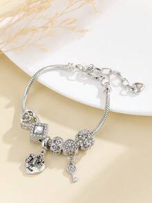 Pulsera con colgante de corazón y llave con decoración de cristal rhinestone para San Valentín