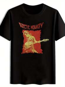 Camiseta Gráfica de Banda de Rock Vintage - Diseño de Póster de Concierto Retro Cuello redondo de manga corta. Poliéster ligero. Ropa Casual de Verano para Hombres. para viajar. Fechas. Playa. Vacaciones. Regalo de festival. Camiseta de regalo de festival, ropa temática musical, camiseta de tela duradera - Negro - Ver 1