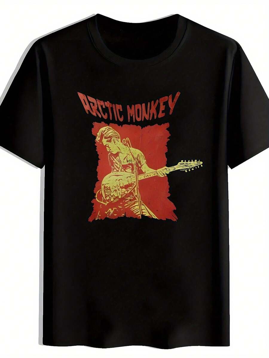 Camiseta Gráfica de Banda de Rock Vintage - Diseño de Póster de Concierto Retro Cuello redondo de manga corta. Poliéster ligero. Ropa Casual de Verano para Hombres. para viajar. Fechas. Playa. Vacaciones. Regalo de festival. Camiseta de regalo de festival, ropa temática musical, camiseta de tela duradera - Negro - Ver 1