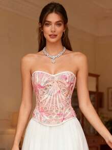 Áo corset hai lớp ren rỗng thoáng khí kiểu Âu & Mỹ ôm sát, gợi cảm, kiểu áo quây định hình vóc dáng. - Hồng - Xem 1