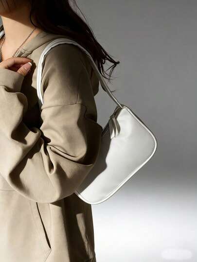 Bolso de hombro baguette versátil de moda minimalista de piel de PU de unicolor para mujer