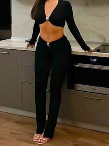 Party Ready 女士黑色长袖露脐上衣和裤子套装 - 黑色 - 查看 7