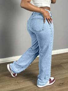 Chicsale Women's Pearl Jeans - Straight Leg Fully Embellished With Pearls, Mid Rise Non-Stretch Pants For Evening & Special Events - Xanh nhạt 2 - Xem 5