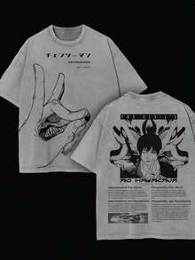 Retro Washed Cotton Anime T-Shirt, Double-Sided Large Print Anime T-Shirt, Comic Book Style Graphic T-Shirt, Y2K Streetwear, Gothic Casual Wear, A Gift For Fans, Pure Cotton Men's Pullover Short-Sleeved Top, Otaku Style Everyday Wear. - 灰色 - 查看 1