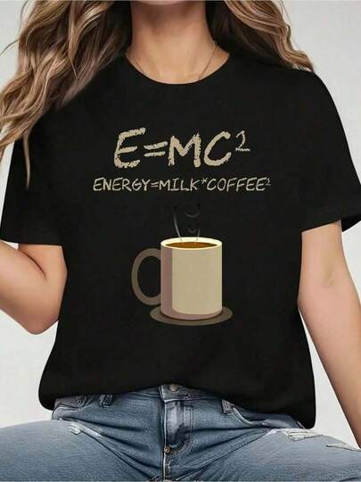 E=MC2 Camiseta de Regalo de Café de Energía de Leche de Ciencia Divertida - Camiseta de Mujer 100% Algodón Casual de Manga Corta con Cuello Redondo para Primavera y Verano - Ajuste Cómodo y Relajado, Camiseta Gráfica Impresa.Jpg