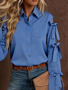 Camisa de manga larga de un solo pecho con decoración de lazo de unicolor para mujer, primavera - Azul - View 3