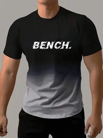 KOVSEE Men's BENCH Letter Graphic Ombre Short Sleeve T-Shirt, Outdoor Sports Casual Daily Running Basketball Football Breathable Quick-Dry Fitness Tee, Gift For Boyfriend