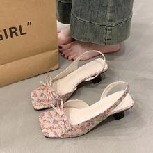女士蝴蝶结踝带高跟凉鞋，夏季户外穿着，碎花图案，露趾，猫跟 - 小碎花 - 查看 3