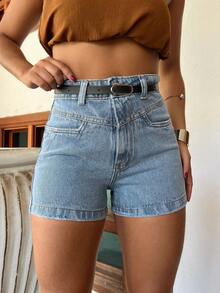 Women's Mom Denim Shorts, High Waist, Belted, Small Fit, Comfortable, Premium Quality, Stylish, Casual - com cinto Marmorizada - 查看 1