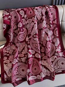 1条女士长款酒红色佩斯利印花时尚围巾，丝滑缎面材质，可作披肩、头巾、沙滩巾使用 - 酒紅色 - 查看 5