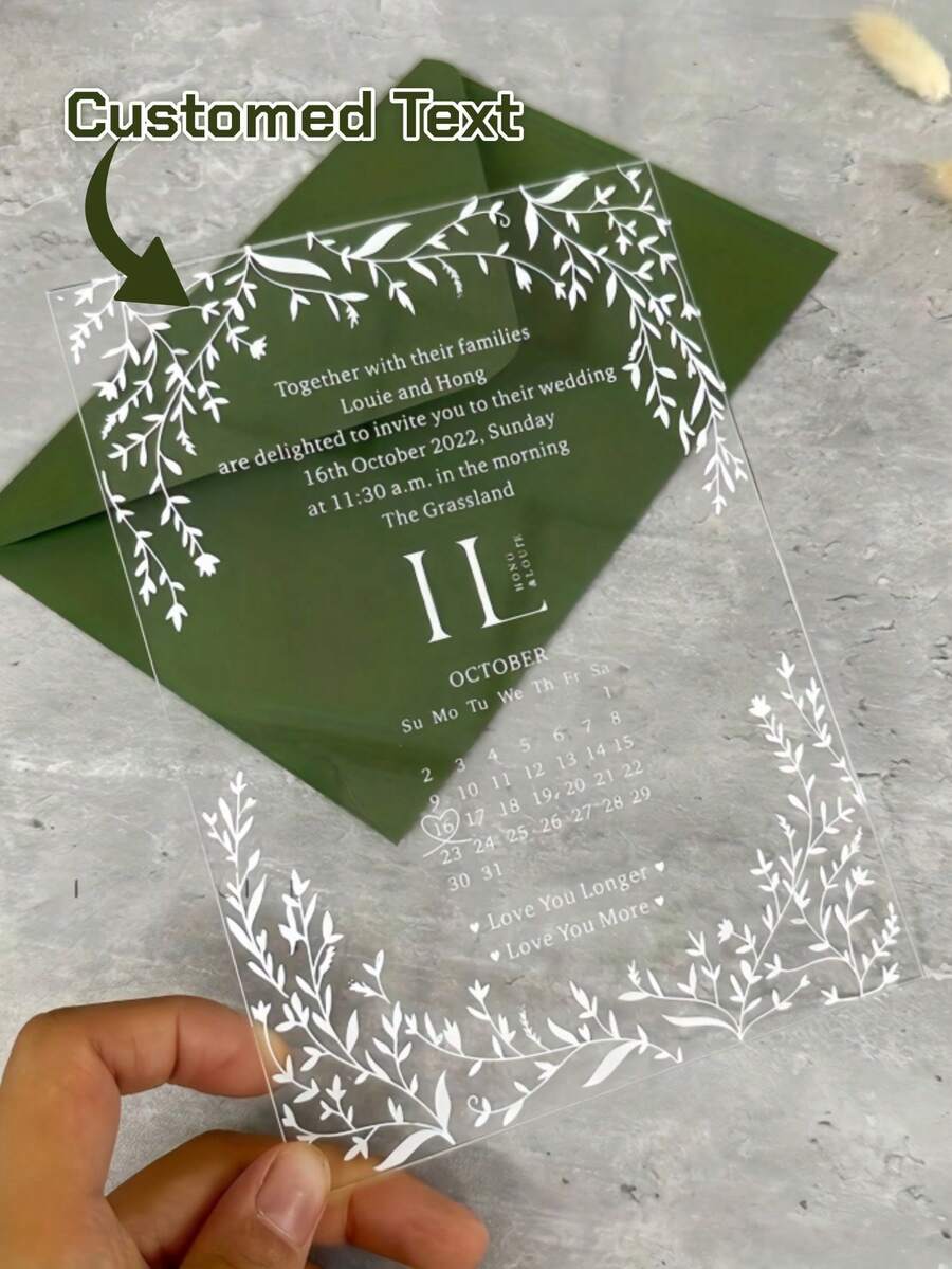 Faire-part de mariage personnalisé avec enveloppe - Faire-part de mariage en acrylique transparent élégant, motif floral blanc, faire-part de mariage transparent, convient aux couples, fiançailles, décoration de mariage, design exquis - Multicolore - Voir 1