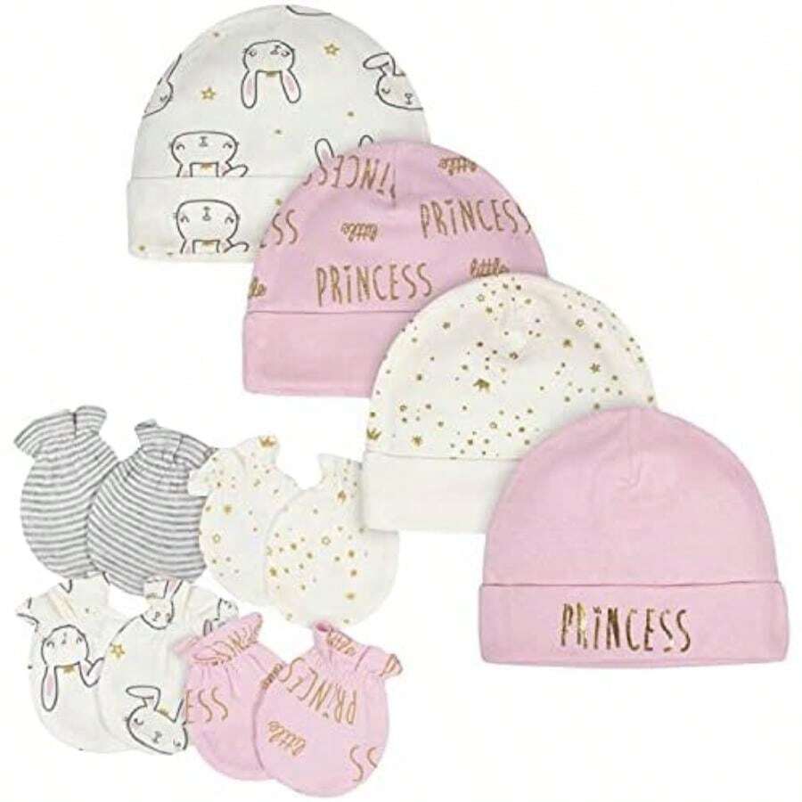 Gerber Juegos de gorro y manoplas de 8 piezas y 9 piezas Manoplas para Bebé-Niñas(Princesa rosada 0-3 Meses) - Multicolor - Ver 1