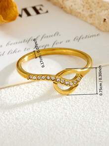 1pc 18K Gold-Plated Stainless Steel Hollow Wavy Interlocked Double Hoop Ring With Cubic Zirconia, Creative Design Fashionable Versatile Ring, Stylish Daily Wear Jewelry Gift For Women - Creative Wave-patterned Double-ring Ring Set With Artificial - View 5