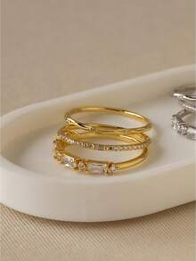 3件套时尚叠戴戒指，金色合成锆石，波西米亚风性感款，适合音乐节、度假及日常佩戴（无包装盒） - 金色 - 查看 1