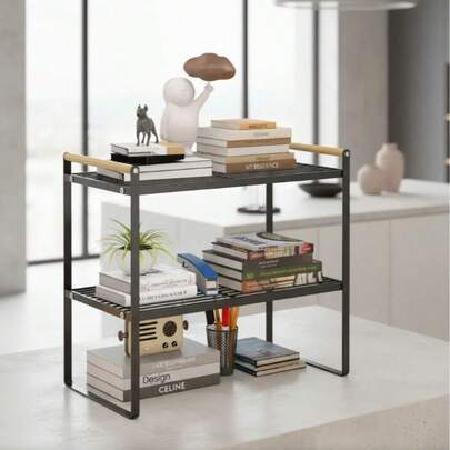 4 opties: Opbergrek met houten handgreep - Enkel- of dubbellaags ijzeren organizerrek voor keuken, woonkamer, balkon, snacks, planten, multifunctioneel schap/bureau, opbergrek voor in de hoek van de muur (willekeurig zwart/wit)