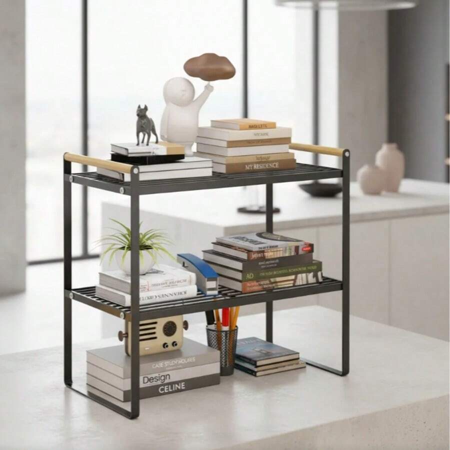 4 款可选木柄收纳架 - 单/双层铁艺整理架，适用于厨房、客厅、阳台，可放置零食、植物，多功能置物架/桌面架，墙角收纳架（随机黑/白） - 彩色 - 查看 1