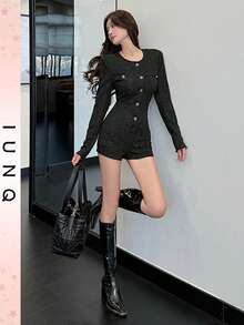 IUNQ Free Shipping. Chic Women's Black Woven Jumpsuit. Features Long And Regular Sleeves, A Button Front, A Round Neck, And A Short Length. - 黑色 - 查看 3