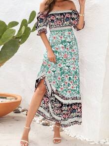 Women's Bohemian Beach Vacation Dress One Shoulder Bubble Sleeve Long Skirt - 綠色 - 查看 1