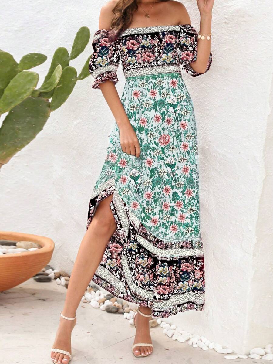Women's Bohemian Beach Vacation Dress One Shoulder Bubble Sleeve Long Skirt - 綠色 - 查看 1