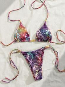 PEPPERMOLLY 2026 Bikini da donna alla moda, colorato, taglio laser, neon. Set bikini sexy con top a triangolo e slip con vita annodata. Tessuto elastico con stampa neon, adatto per spiaggia e piscina, vestibilità aderente per valorizzare la figura. - Multicolore - Visualizzare 5