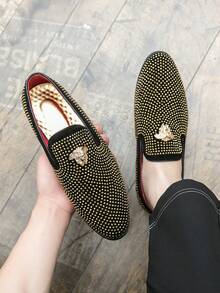 2025 New Loafer For Men Full Diamond Studs, Light Luxury Slip-On Metal Logo, Black Fashionable Banquet Business Casual Leather Shoes - 金色 - 查看 6
