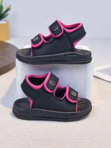 1 Pair Unisex New Style PU Hook And Loop Design Flat Cute Sandals, Soft Bottom Non-Slip Baby Beach Shoes, Suitable For Summer - Black - View 3