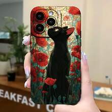 2026 nueva funda de teléfono esmerilada, funda de teléfono con patrón de gato negro y flor de amaranto roja para  17 14 Pro Max  17 13 Pro  17 12 Pro  Galaxy S23 S22 S21 funda protectora para teléfono regalo de pareja para novio novia regalo de vacaciones - Negro - Ver 5