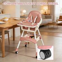 BITORQUATOS 5-In-1 Protable Baby High Chair With Tray, Toy Rack & Storage Basket, Adjustable Feeding Seat With PU Cushion And Wheels (Pink) - Pink - View 9
