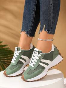 1 đôi giày thể thao nữ thường ngày, giày sneaker đế dày phối vải kiểu retro, giày thể thao năng động mùa xuân/thu mới, giày buộc dây mũi nhọn cổ điển phù hợp cho học sinh, nhân viên văn phòng, đi bộ, chạy bộ và các dịp khác, ngày lễ, họp mặt, kỳ nghỉ. - màu xanh lá - Xem 2