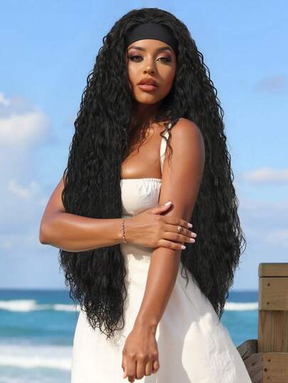 38英寸超长发箍假发，女士湿润波浪发箍假发，卷曲波浪合成假发，无胶耐热超长假发，适合日常派对使用