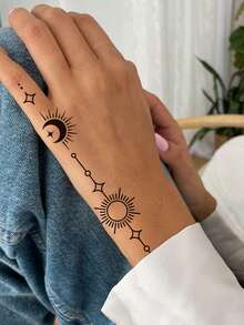 1 Sheet Waterproof Tattoo Sticker, Moon Heart Pattern Temporary Tattoo Suitable For Hand, Arm, Leg And Body Wear, Water Transfer Fake Tattoo For Women And Men - Black - View 4